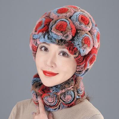 Женская осенне-зимняя теплая шапка для мам, модная шапка-ушанка из меха кролика Рекс, шарф, комплект, утолщенный