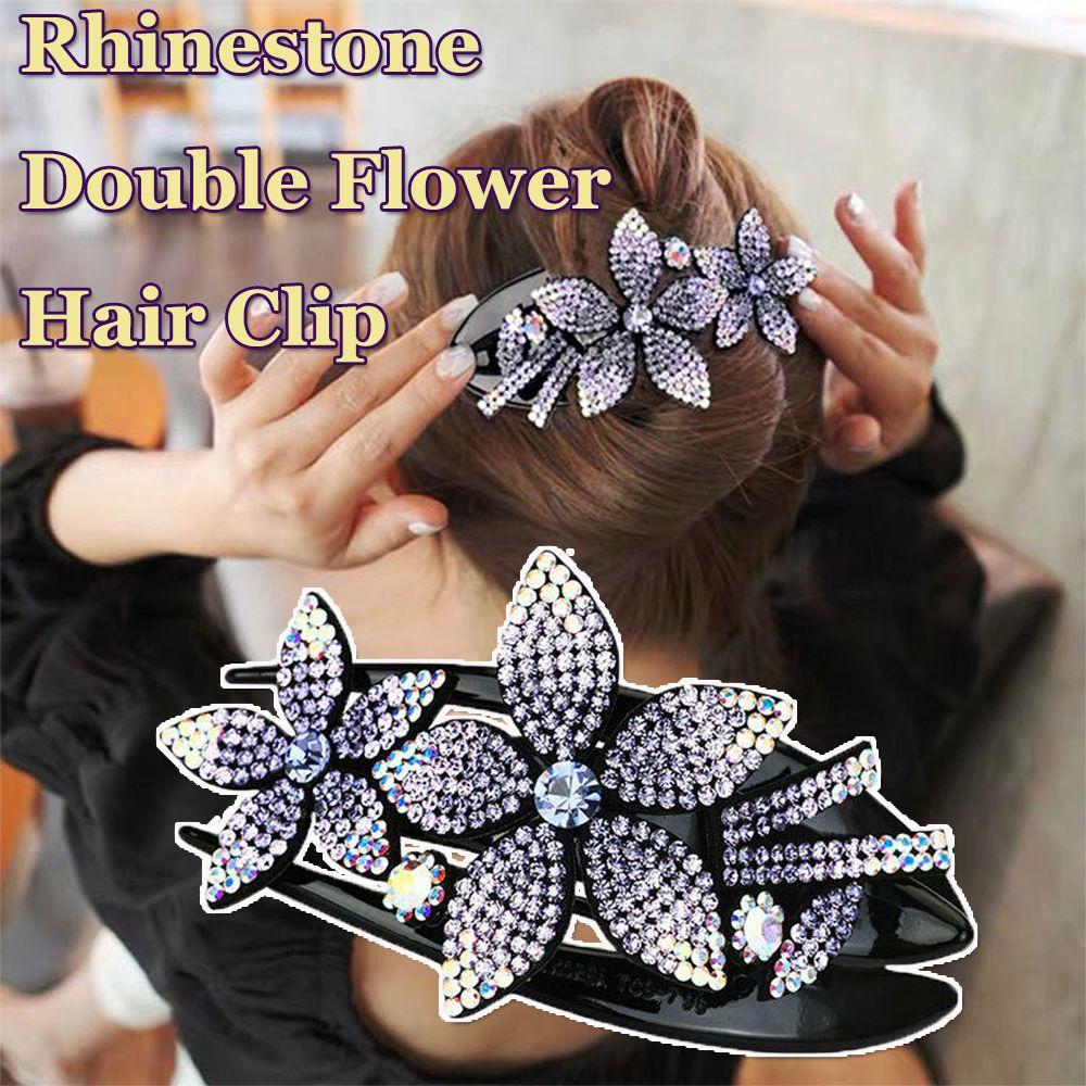 New Hair Dovetail Clip Charm Double Flower Hair Clip Rhinestone Flexible Durable