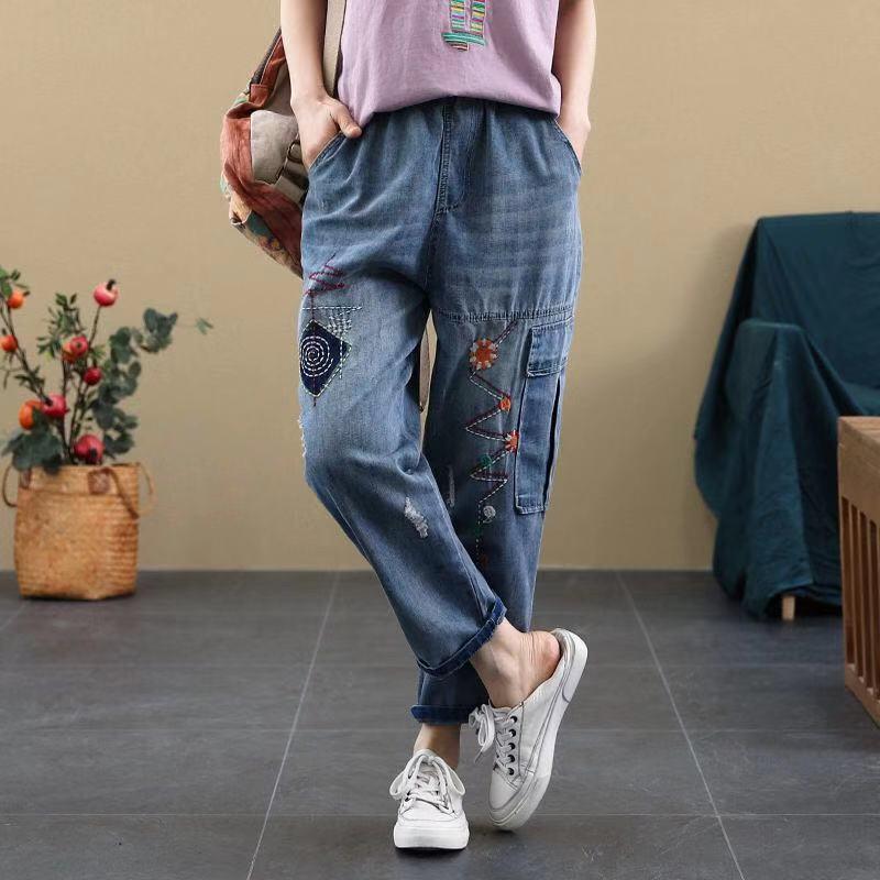 Женские ретро джинсы с вышивкой, рваные, с эластичной талией - зауженный гаремный стиль для весны и осени (Тенденция 2025 года)