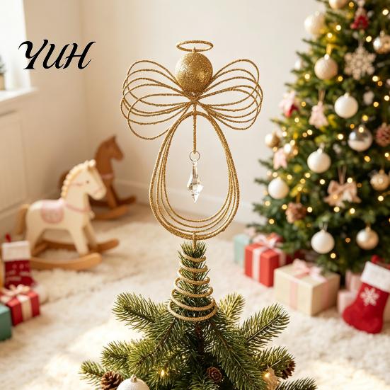 Metal Wire Angel Figurine Christmas Tree Topper, Gold Glitter Crown Elegant Room Display Ornament for Holiday Home Decor And Seasonal Indoor