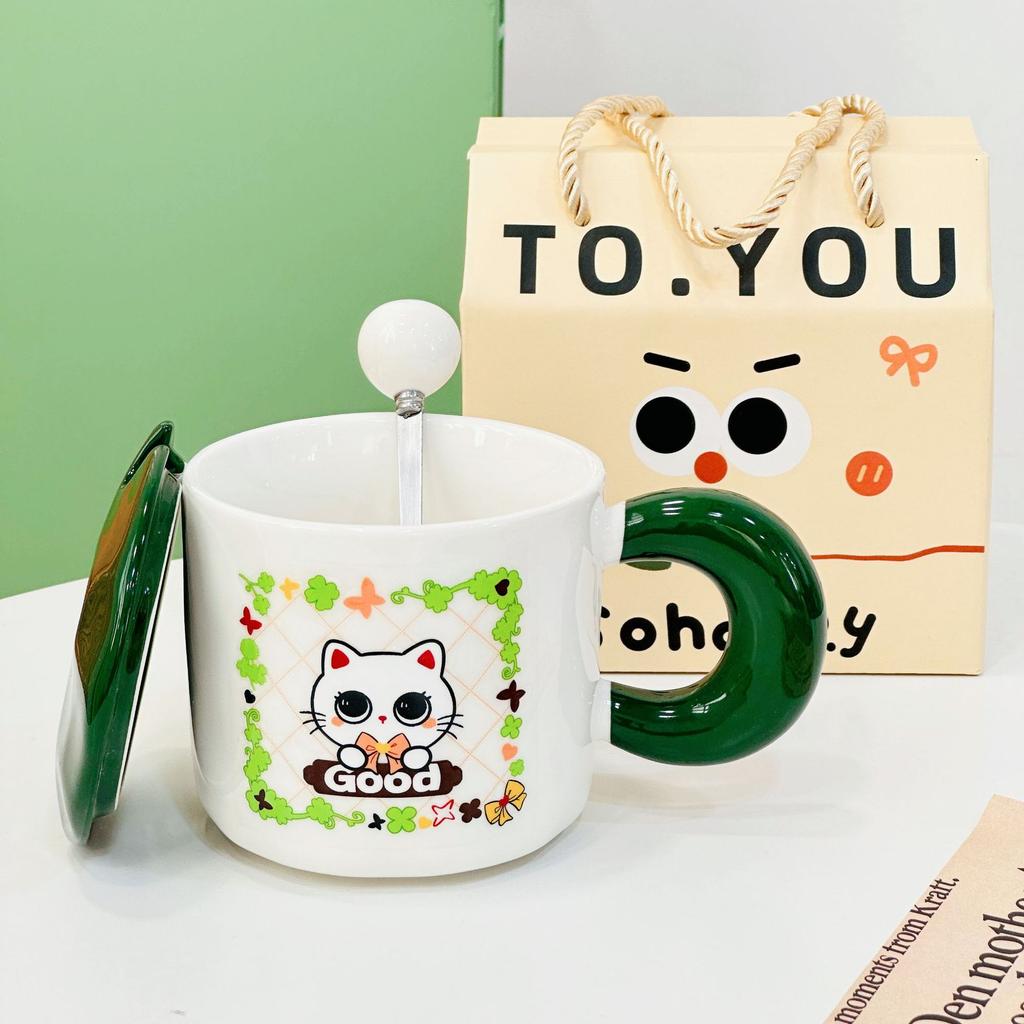 Cute Cartoon Cat Ceramic Cup Girls Mug with Lid Spoon Household Gift Box Water Cup High looking Gift