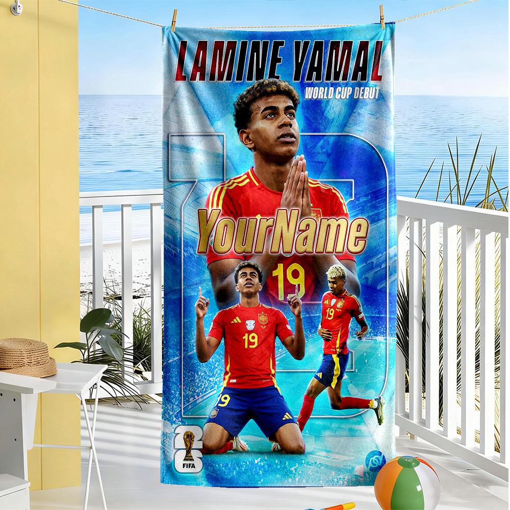 Lamine Yamal Personalized Text Beach Towel Super Soft & Absorbent Ideal for Travel Outdoor Swim Pool Yoga Surf Camping Hiking Gym Gift Holiday