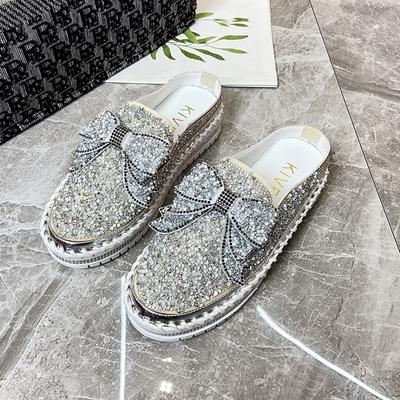 Модные женские тапочки Baotou, новые осенние туфли с круглым носком и блестками, с глубоким ртом и толстой подошвой, без застежек