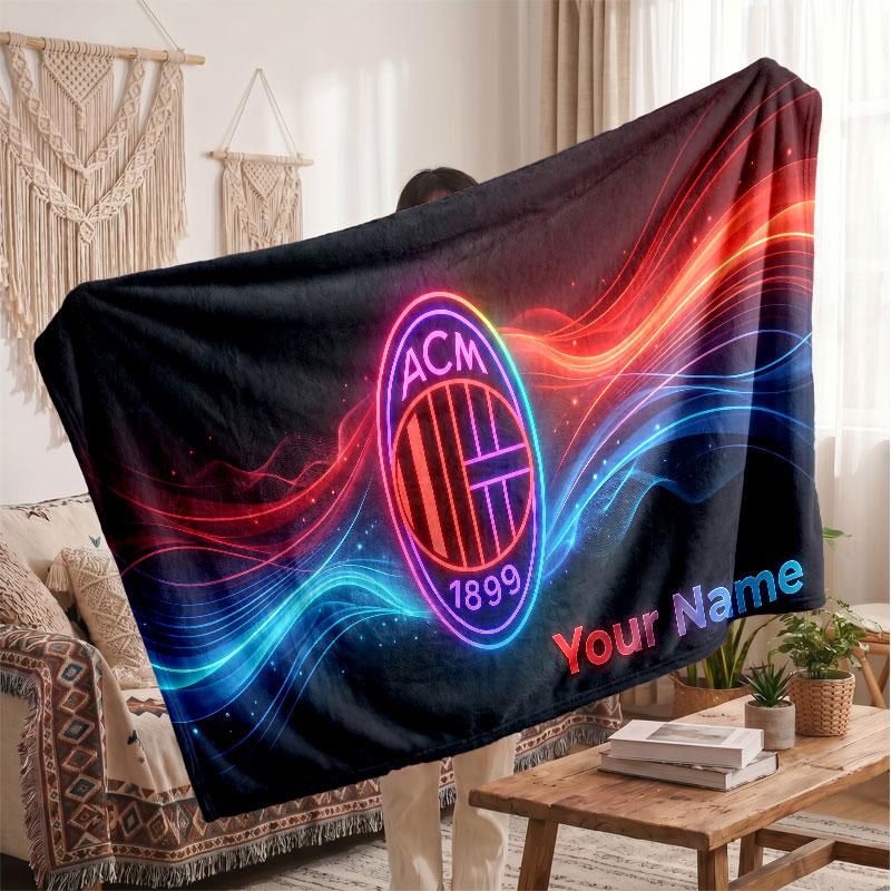 AC Milan Personalized Fleece Blanket With Football Logo, Custom Name Text Soft Warm Home Throw Blanket