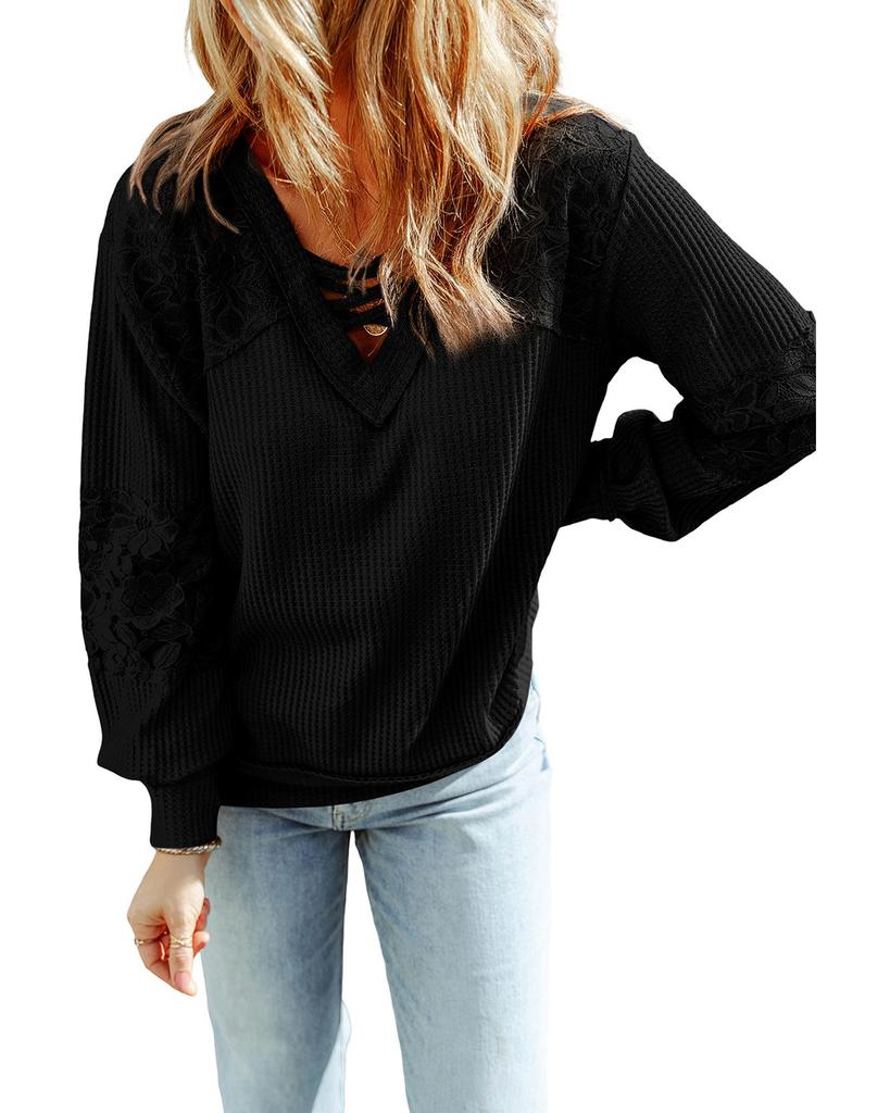 Azura Exchange Black Lace Waffle Patchwork Strappy V Neck Long Sleeve Top