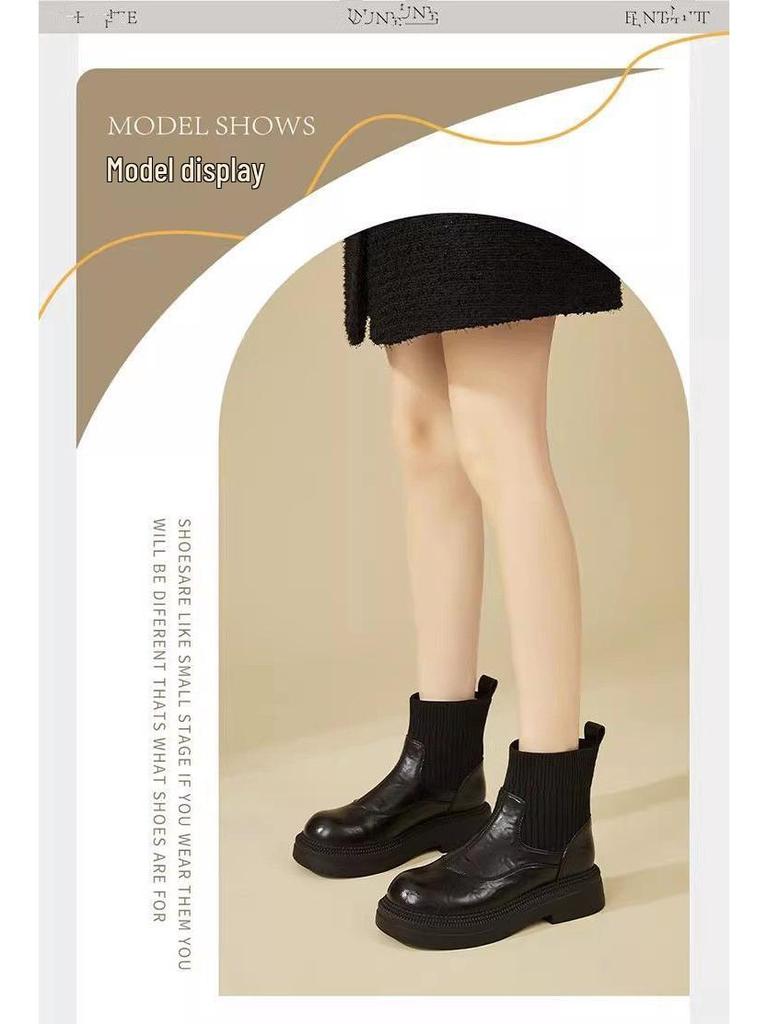 Elastic Women's Autumn/Winter Height-Increasing Sock Boots with Thick Sole & Round Toe - New 2025 Chelsea Ankle Boots, British Style.