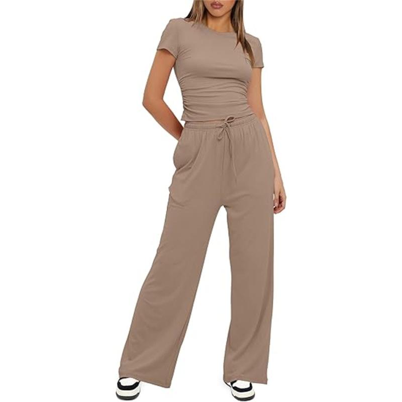 Women's Set Summer Short-sleeved Pleated Top Casual Sweatpants