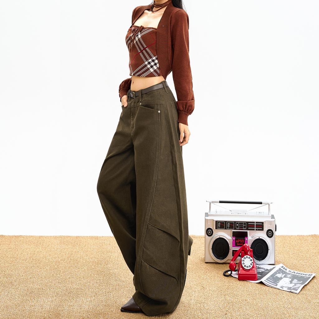 Retro brown coffee wide-leg jeans women's autumn and winter new splicing versatile loose and thin mopping pants American style