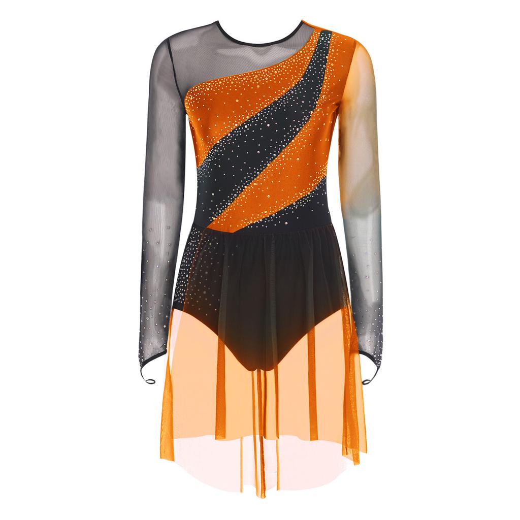 Womens Figure Skating Dress Contrast Color Rhinestones Gradient Mesh Skirt One Piece Leotard