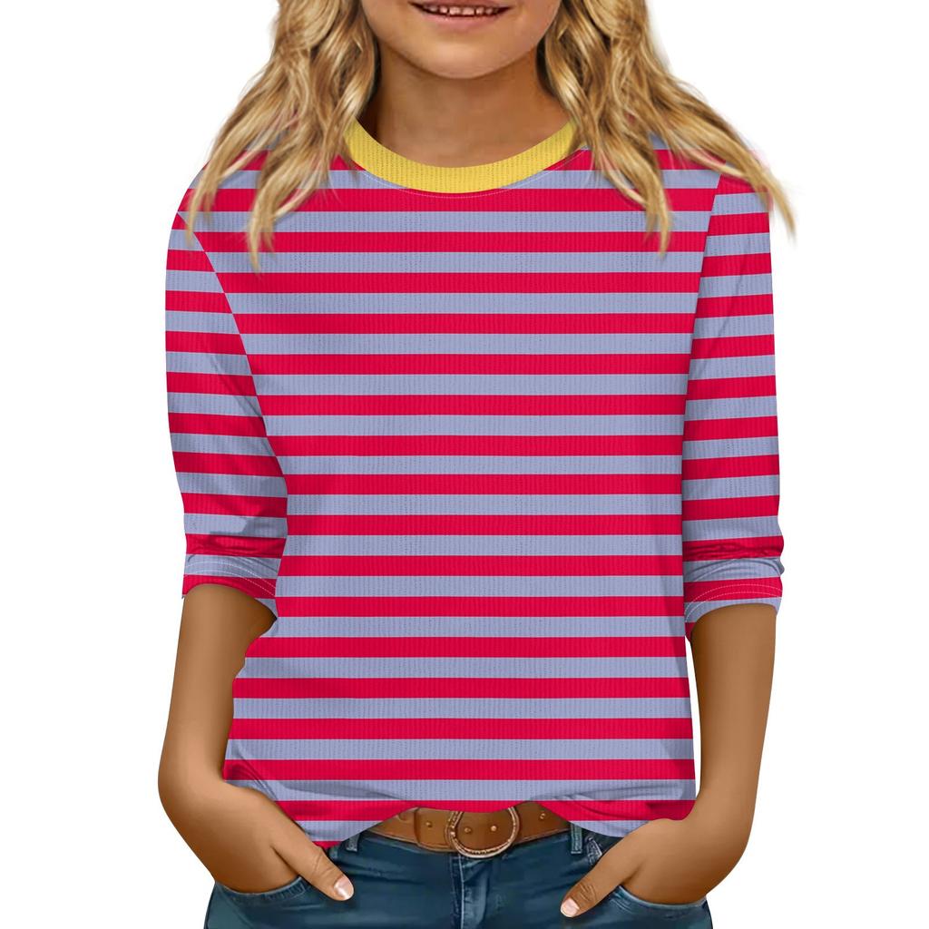 Children's 3/4 Sleeve Tops Knit Casual Print T Shirt Round Neck Pullover Blouse