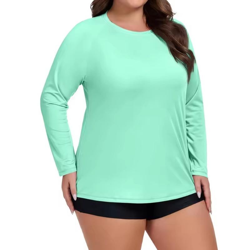 Plus Size Sport Sunscreen Top Women Summer Sunscreen Quick-drying Long-sleeved 3D T-shirt Round Neck Solid Color Breathable Tee