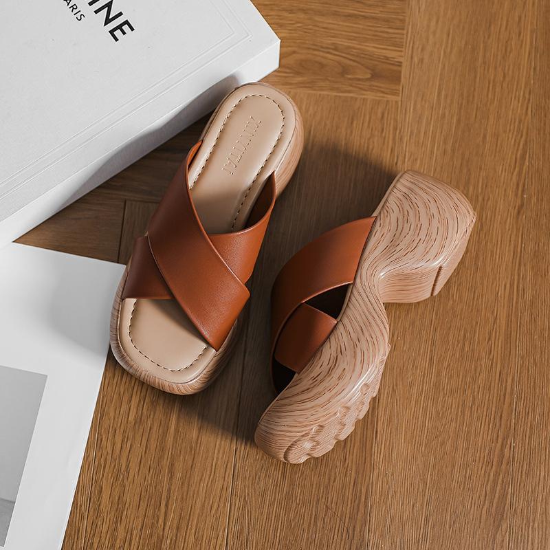 Summer new island style one-word drag thick-soled wedge heel cross-strapped slippers women's retro comfortable outer beach shoes