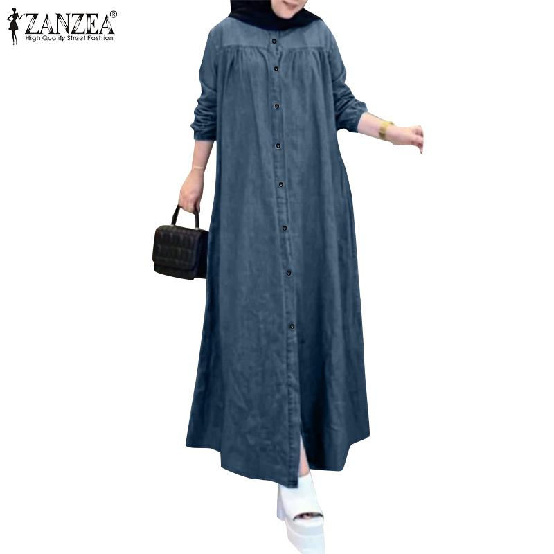 ZANZEA Женское повседневное платье с круглым вырезом и длинным рукавом из синего денима