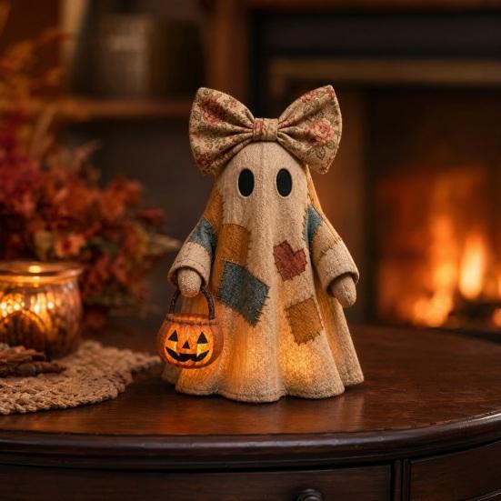 yangyizhi Halloween Lighted Patchwork Ghost Figurine, Light-Up Bow with Pumpkin Lantern, Ghosts Lamp Decoration for Holiday Party