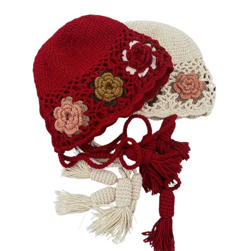 Handmade Crochet Lace Flower Beanie Hat Women Ethnic Style Retro Knit Cap