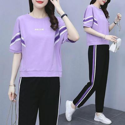 Спортивный костюм, женский летний модный повседневный свободный костюм из двух частей с короткими рукавами