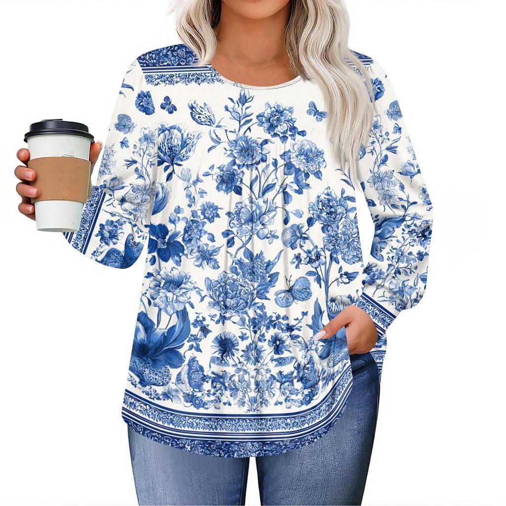 Womens Plus Size Tops Long Sleeve Shirts Round Neck Flowy Tunic Casual Loose Blouse L-5X
