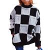 Street style loose checkerboard pattern thick round neck long sleeved knitted pullover sweater for women 3499 KTB