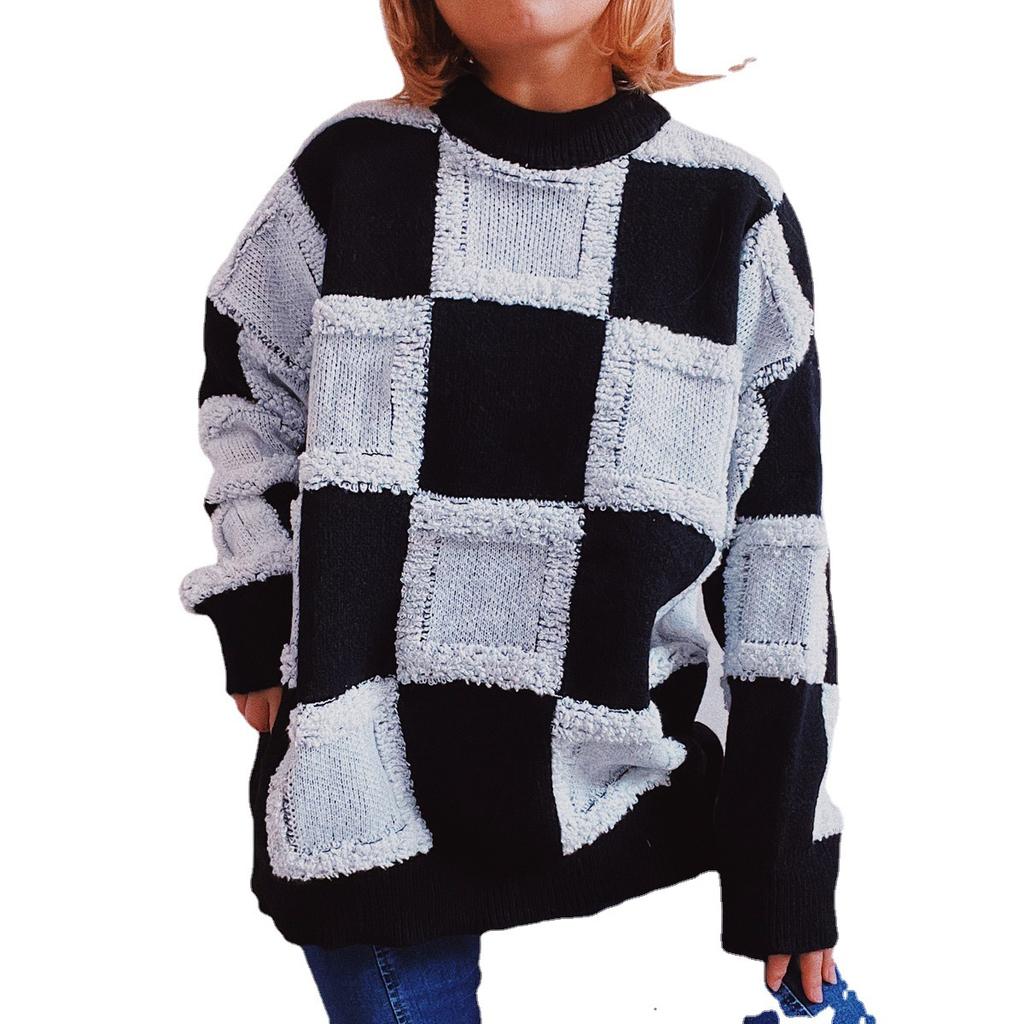 Street style loose checkerboard pattern thick round neck long sleeved knitted pullover sweater for women 3499 KTB