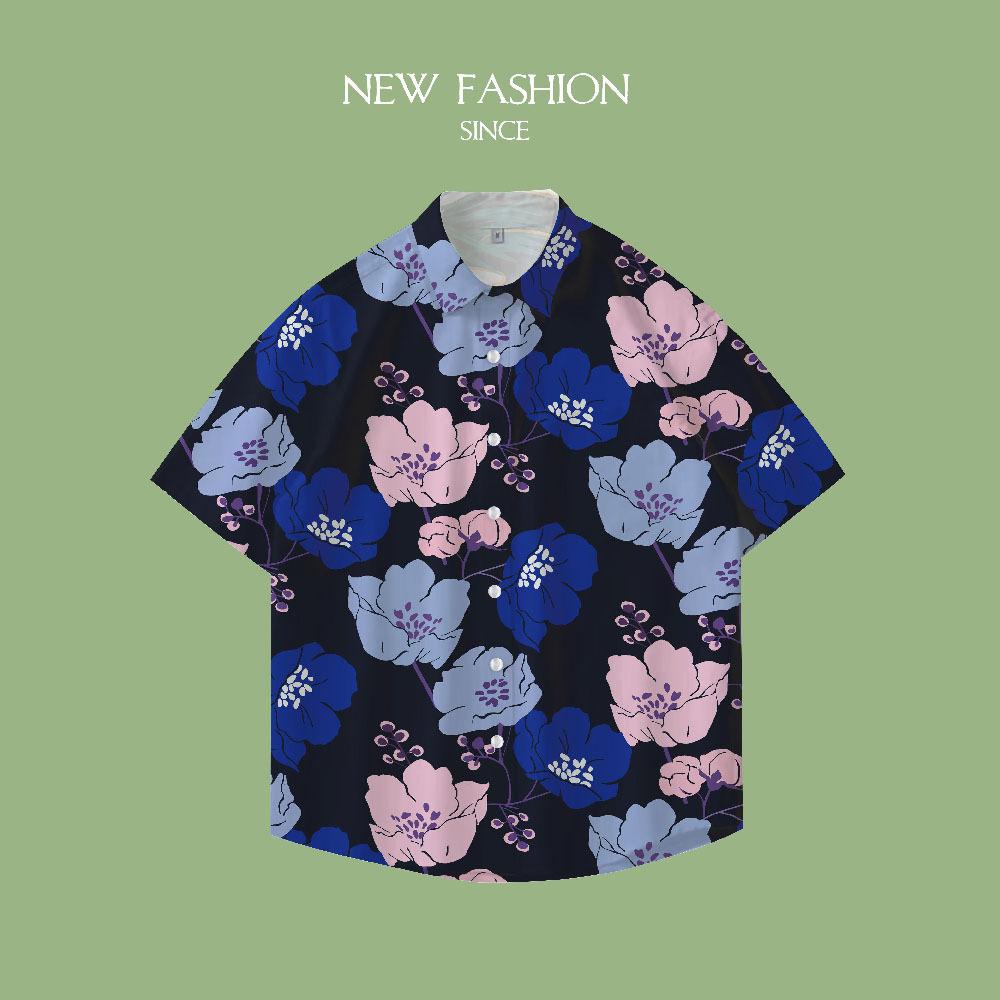 Casual Hawaiian Flower Shirt Men'S Summer Trend Short Sleeve Japanese Fried Street Seaside Couple Beach Shirt Men