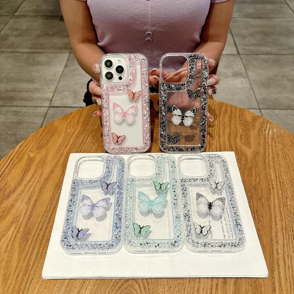 For iPhone 16 Pro Case with 3 Butterflies Decor Glitter Rhinestone Epoxy Design TPU Phone Cover