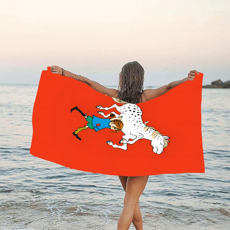 1pc Pippi Longstocking2 Beach Towel, Beach and Seaside Swimming Pool Equipment, Fashion Pattern, Rectangular, Travel Essentials