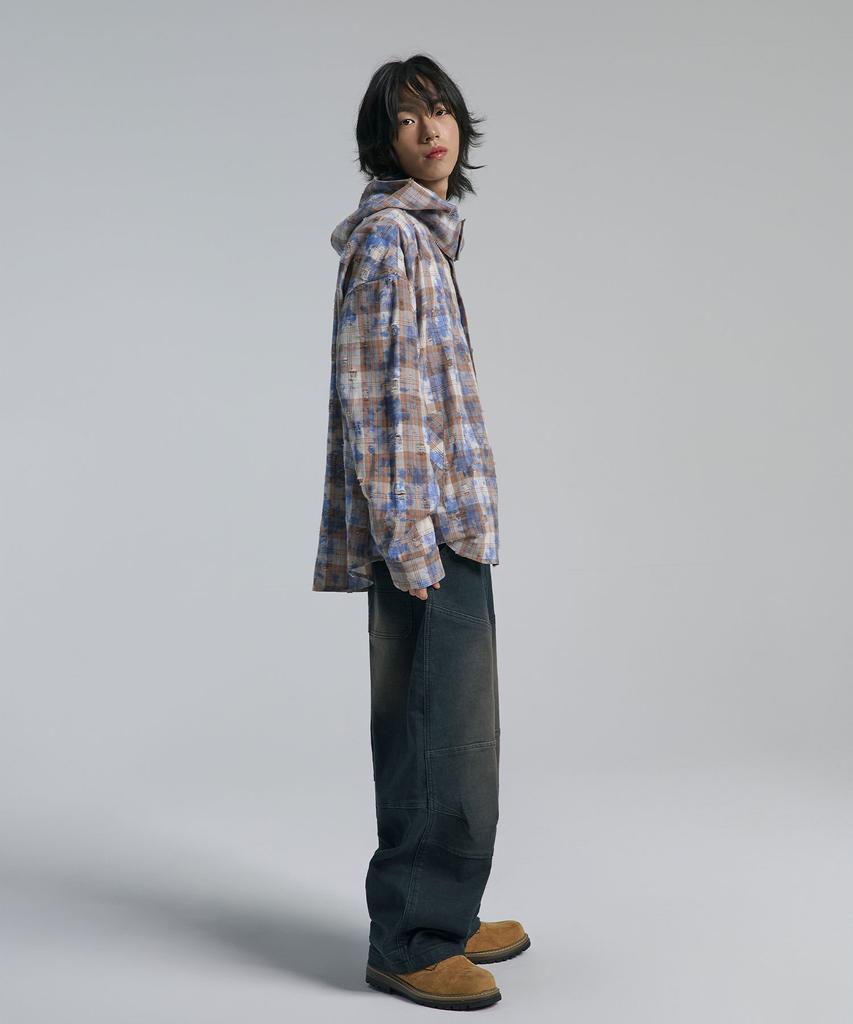 TEN PAST SEVEN Vintage Check Hooded Overshirt