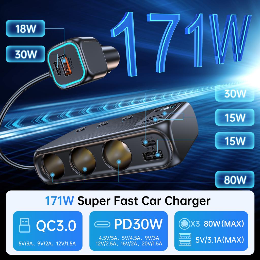 171 Вт Автомобильный зарядный адаптер 9 в 1 Разветвитель розеток PD30W/QC 3.0 Независимые переключатели 12 В/24 В постоянного тока Розетка