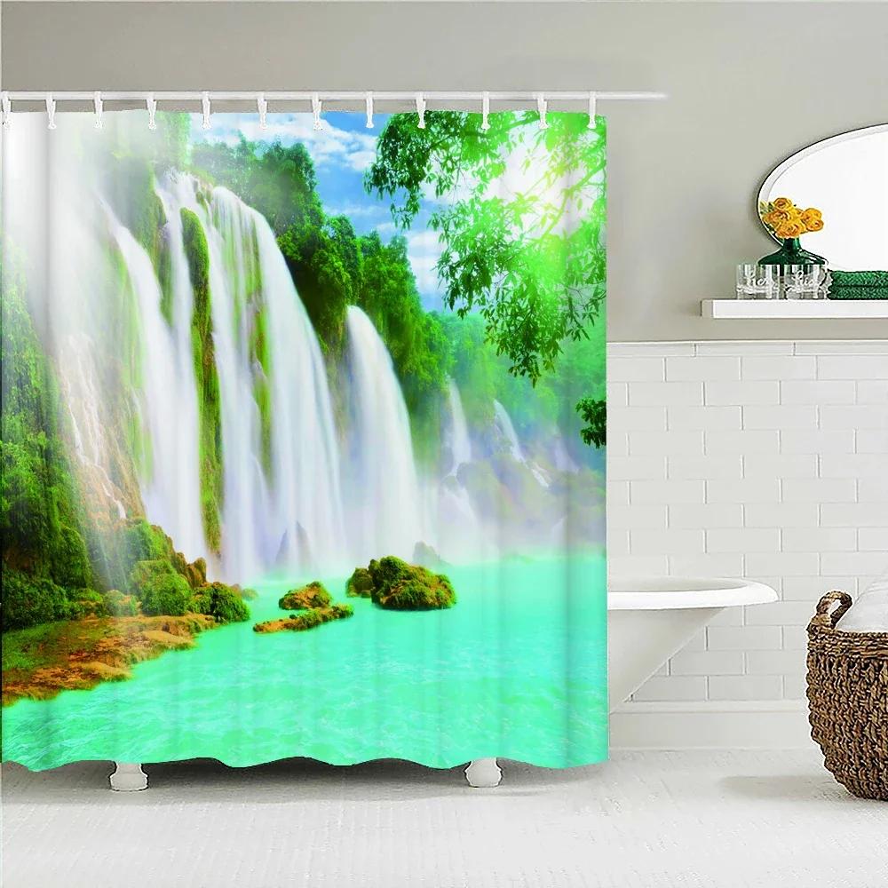 3D Natural Landscape Waterfall Forest Printed Bathroom Shower Curtain Polyester Waterproof Curtain With Hook Home Decor Curtain