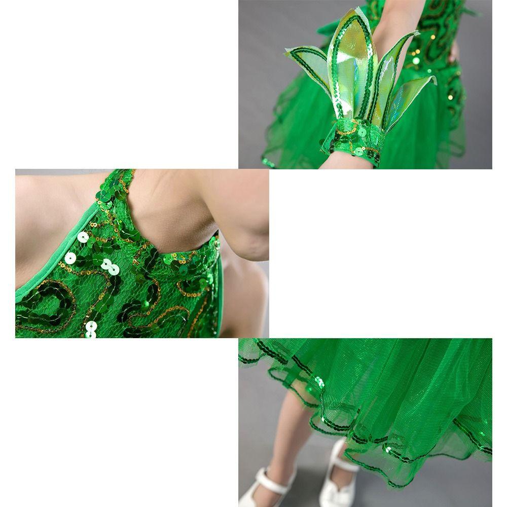 Green Sequin Children Ballet Dance Dress with Headwear Wristband Puffy Dress Kids Girls