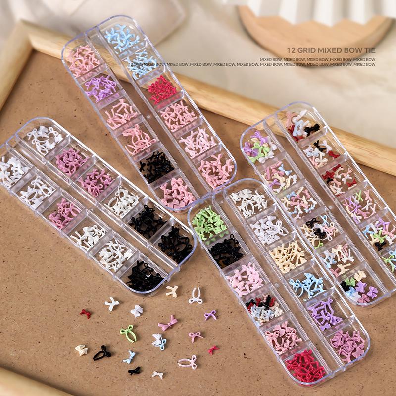 12 Grid Multiple Colors Bowknots Nail Art Charms Mini Adorable Line Bows Ties Resin Nail Decorations For Diy Earring Nail Suppli