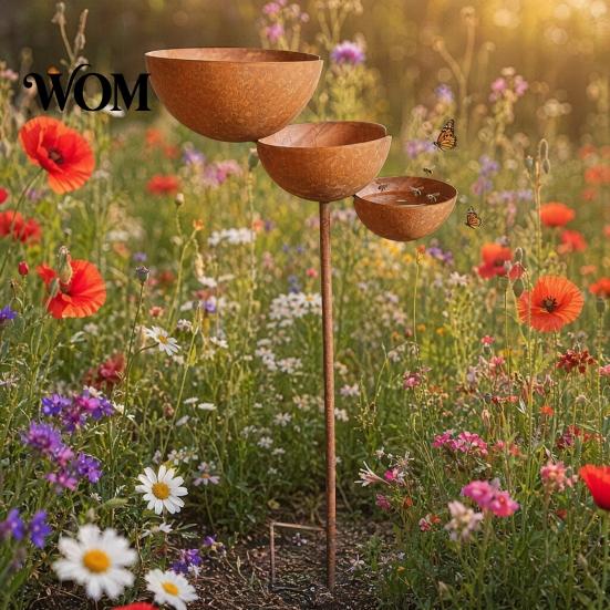 Easy Install Bird Feeder Stake 3 Tiered Cascading Rain Catcher Bath, Metal Garden Water Waterfall Rainwater Collector Bowl Feeder, Outdoor Pollinator