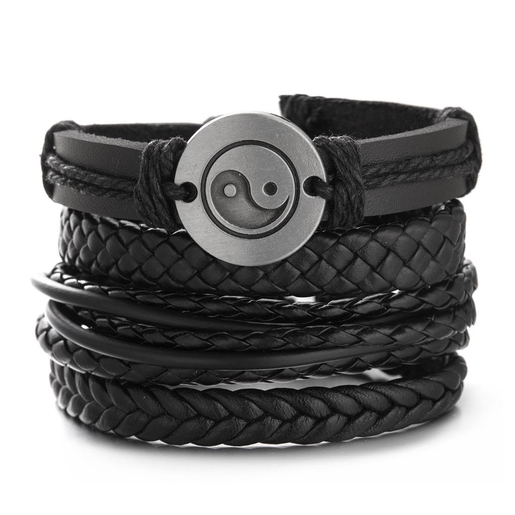 Men's Multi-Layer Bracelet Set with Wooden Beads and Braided Leather