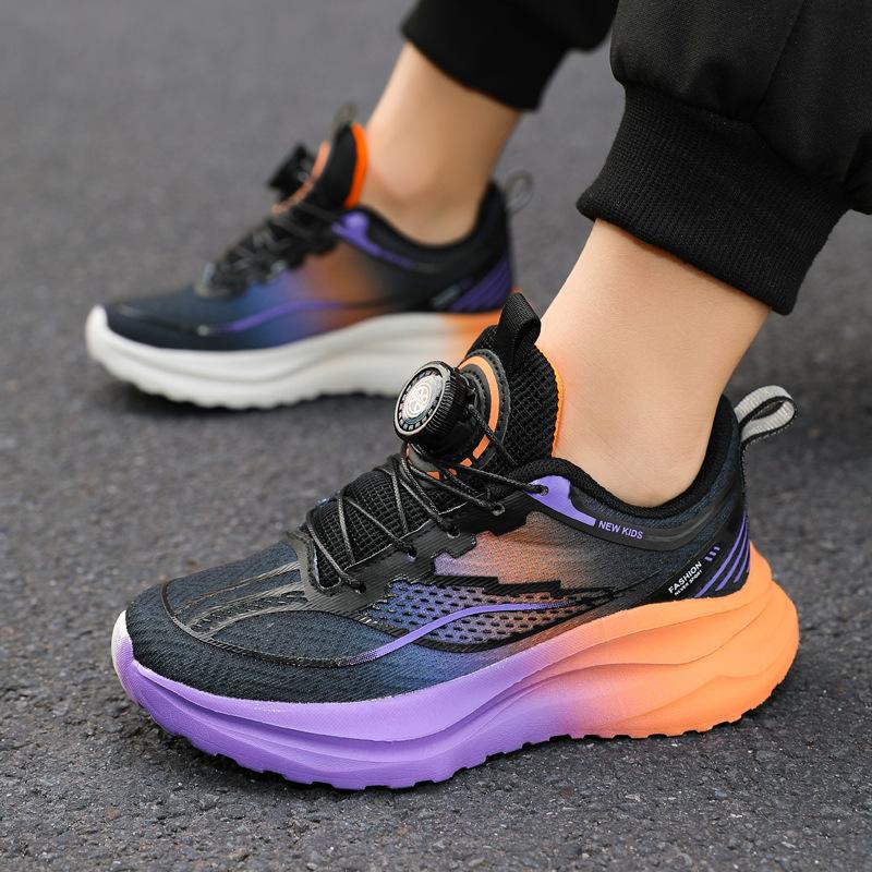 Mesh Red Rabbit Boys Shoes Rotating Button Spring and Autumn New Sports Shoes Medium and Older Children's Running Shoes Non-slip Soft Sole