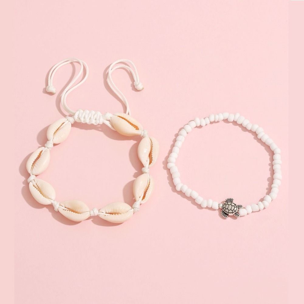 2PCS Shell Rice Beads Anklets Set Braided Rope Fashion Girl