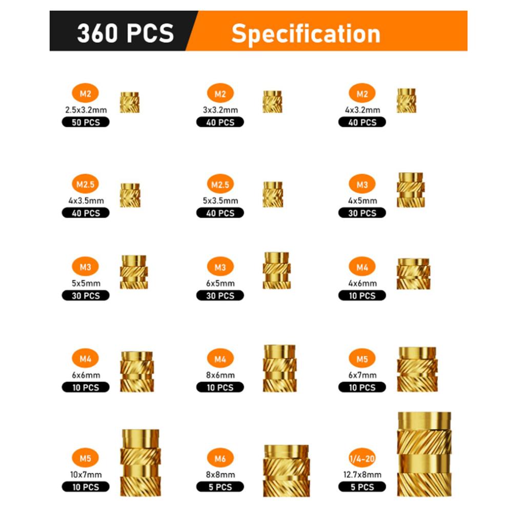 335/360 штук Многоцелевые латунные накатанные резьбовые вставки M2-M6 для пластиковых деталей и применений в 3D-печати
