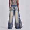 Y2K Streetwear Wide Leg Denim Pants Women Retro Wing Print Loose Fit Mid-Rise Straight Cut 2025