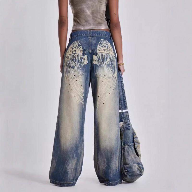 Y2K Streetwear Wide Leg Denim Pants Women Retro Wing Print Loose Fit Mid-Rise Straight Cut 2025