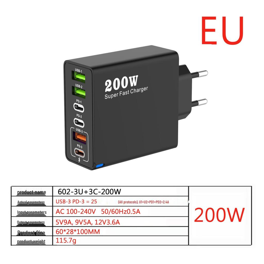 Многопортовое зарядное устройство 200 Вт: 3 USB + 3 PD, Быстрое зарядное устройство 6-в-1 для мобильных телефонов, 5 В/2,4 А, Стандарты ЕС/США/Великобритании