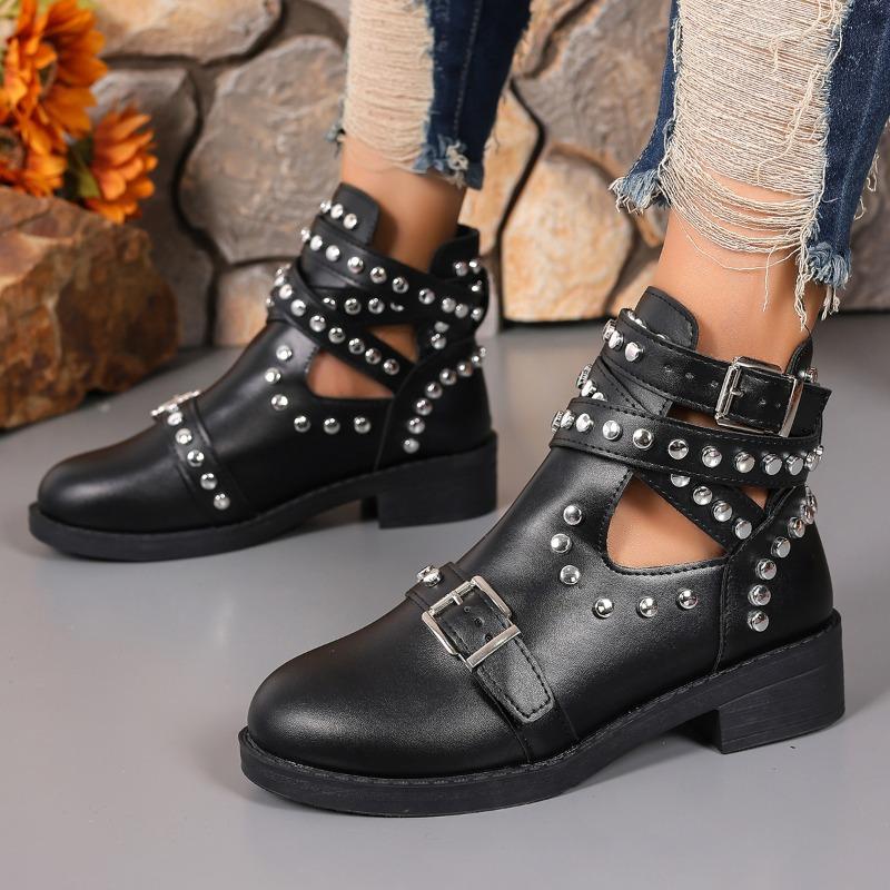 Fashion Women's Ankle Boots Studded T-Band Punk Gothic Shoes Metal Buckle Women's Chunky Heels Female Party Evening Shoes