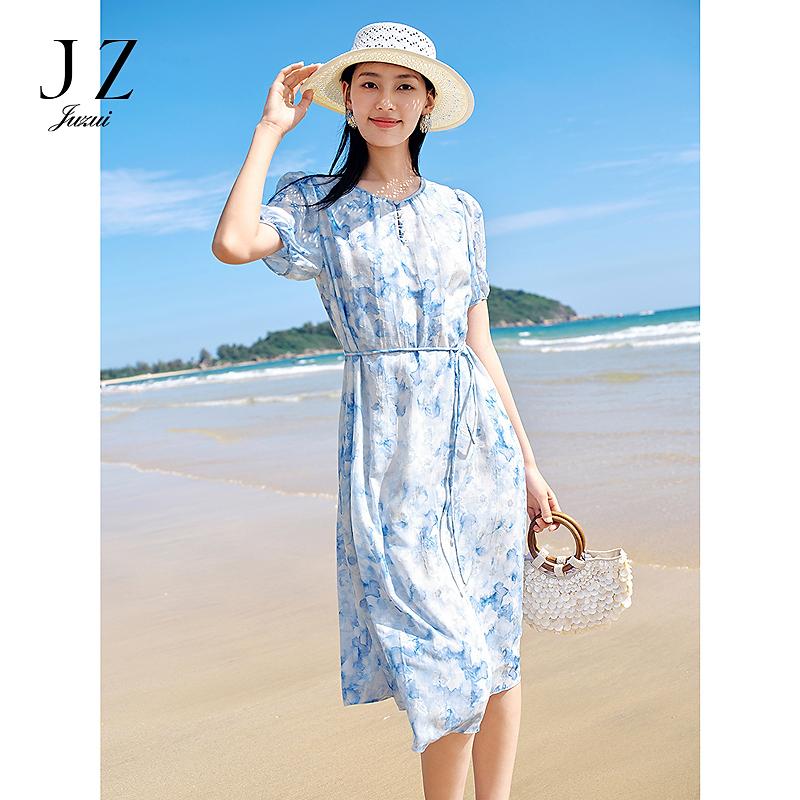 Jiuzi Anna Kouou Ruofeng Holiday Hand drawn Blended Flower Slimming Waist Dress