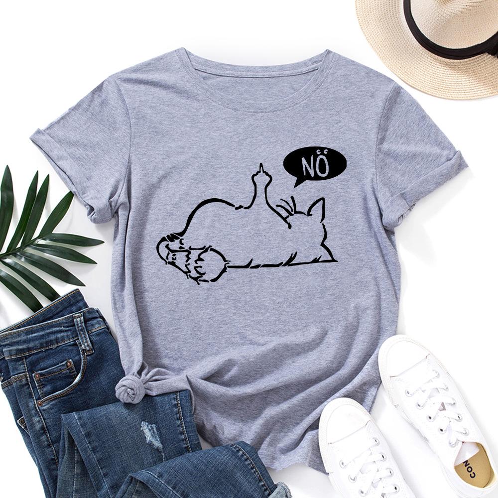 Cat No Cartoon Pattern Cotton T-Shirt Short Sleeve Round Neck Women 2d Print Tops