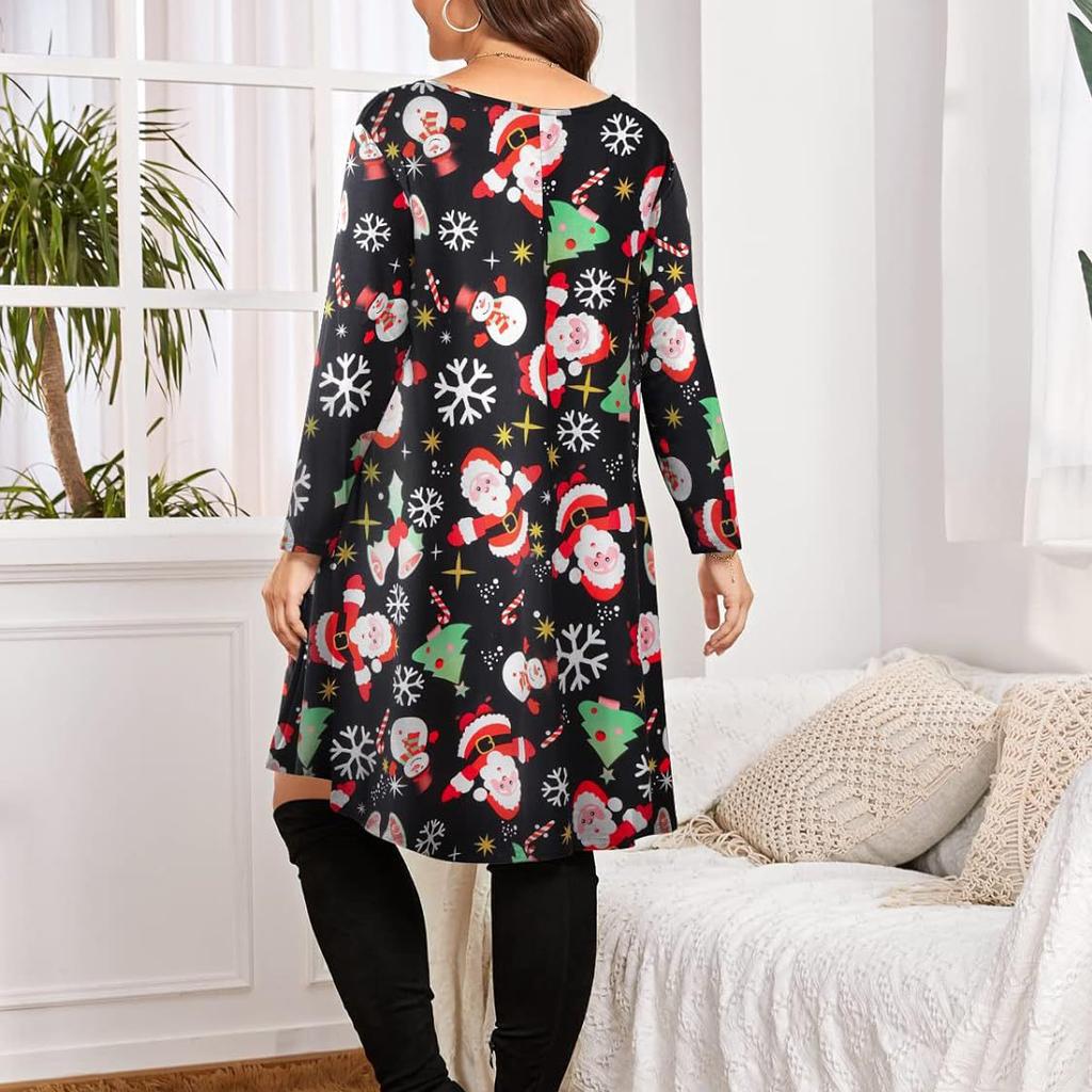 Весенне-осенние модные рождественские платья с мультяшным принтом, женское платье среднего размера с рукавами среднего размера