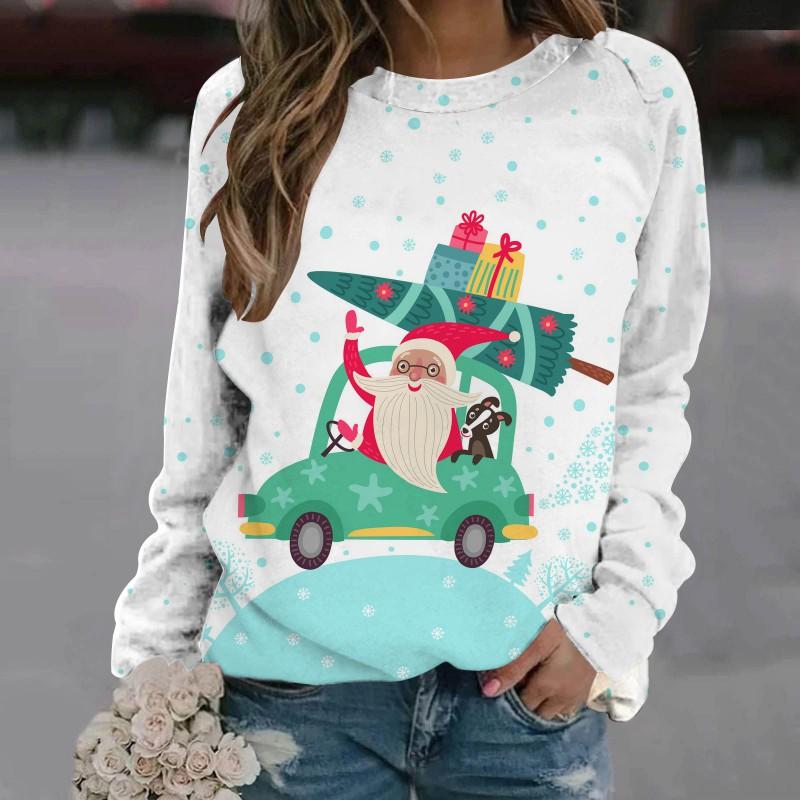 Womens Christmas Elk Print Crewneck Sweatshirt Casual Long Sleeve Top