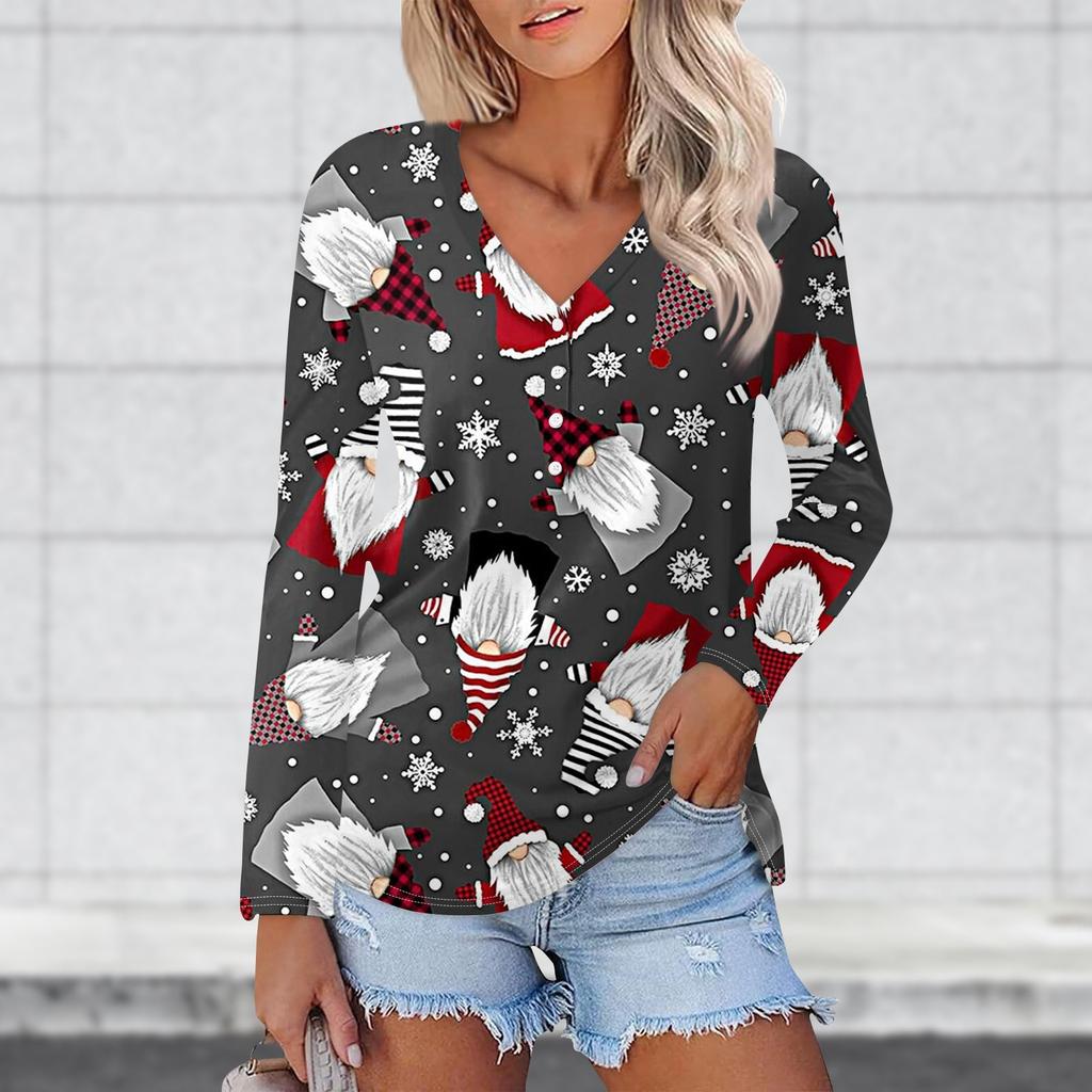 Women's Casual Fashion Sexy Comfort Christmas Prints V-Neck Button Long Sleeve T-Shirt Top