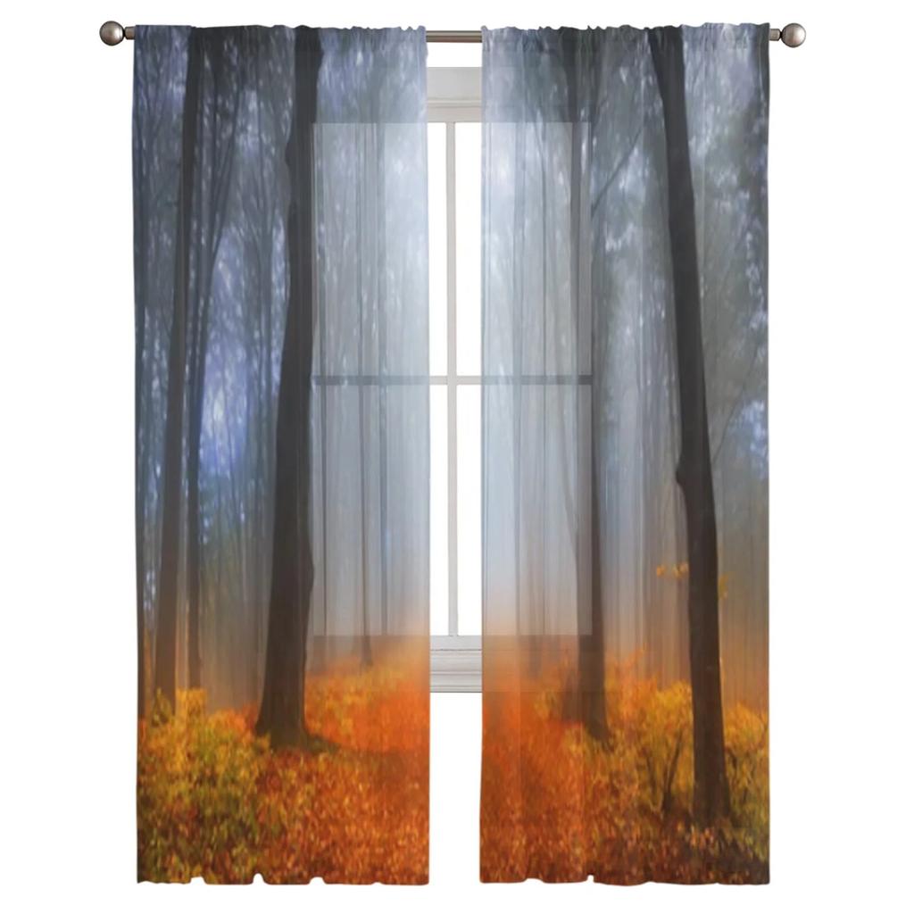 Autumn Foggy Forest Sheer Curtains For Living Room Window Transparent Voile Tulle Curtain Bedroom Drapes Home Decor
