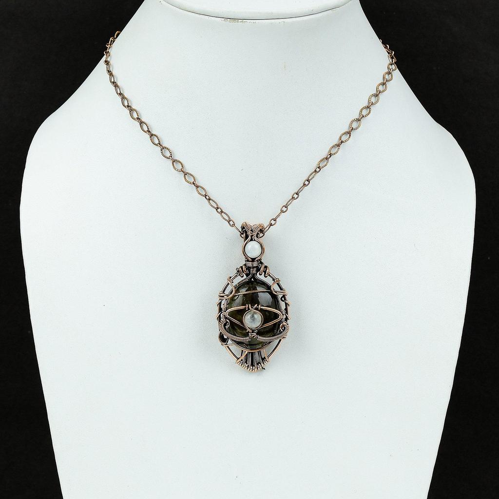 Подвеска из лабрадорита от сглаза, подвеска из медной проволоки, ручная работа, радужное украшение из лунного камня, подвеска из драгоценного камня, медное украшение, подарок на годовщину