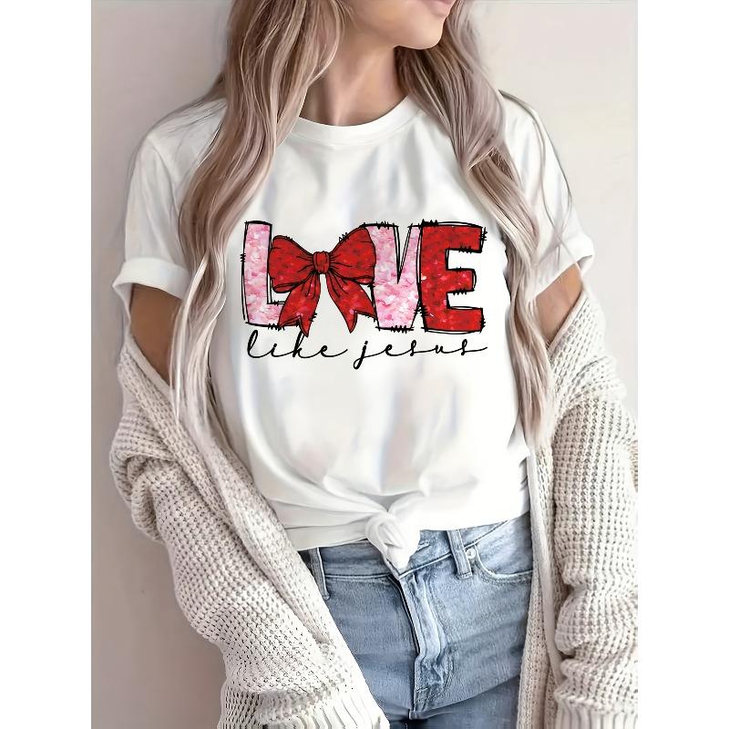 European Size Women's Romantic 'Love' Bow & Letter Print Semi-Sheer T-Shirt - Pink Round Neck Short Sleeve Blouse with XOXO & I LOVE YOU KNOT Design