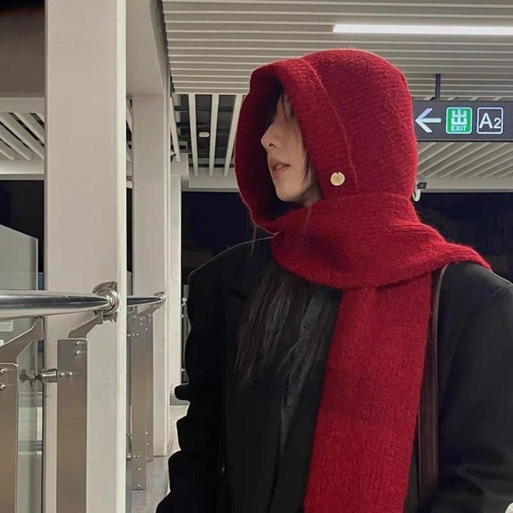 Solid Color Hooded Hat Warm One-Piece Scarf Cap Fashion Knitted Winter Balaclava  Outdoor