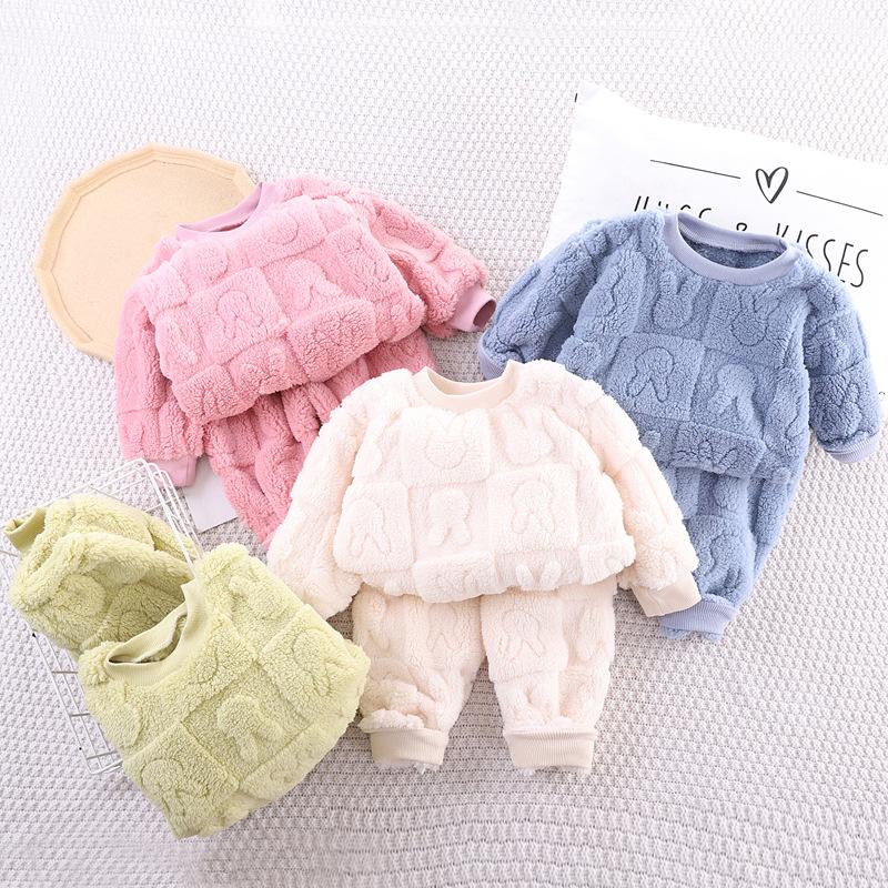 2 dona Bolalar Pijama To'plami Kuz Qish Qalin Issiq O-bo'yin Bir xil Rangli O'g'il Qizlar Termal Ichki Kiyim Uzun Yengli